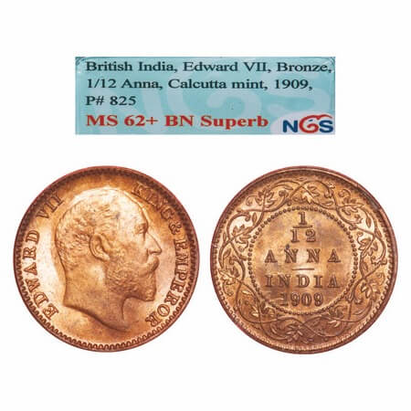 Edward VII, Bronze, 1/12 Anna, 1909, Calcutta Mint, No mint mark. F. Prid 825. GK 1019. NG