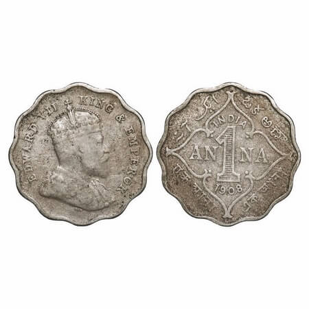 Edward VII, Copper-Nickel, 1 Anna, 1908, Bombay Mint, 'B' incused. F. Prid 927. GK 991. Fi