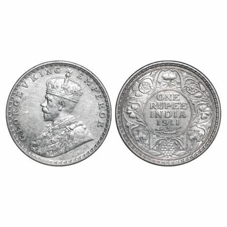 George V, Silver, Rupee, 1911, Calcutta Mint, No dot, Pig-Type. F. Prid 207. GK 1021. Extr