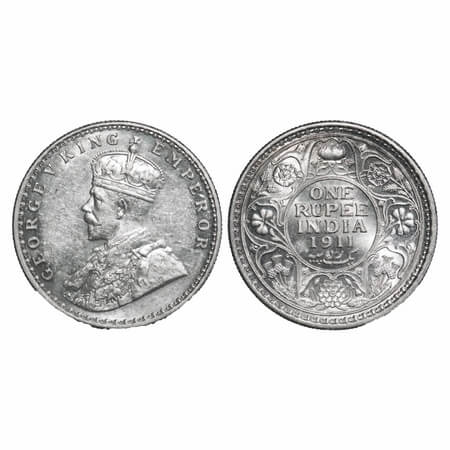 George V, Silver, Rupee, 1911, Calcutta Mint, No dot, Pig-Type, Raised initial B.M of Sir 
