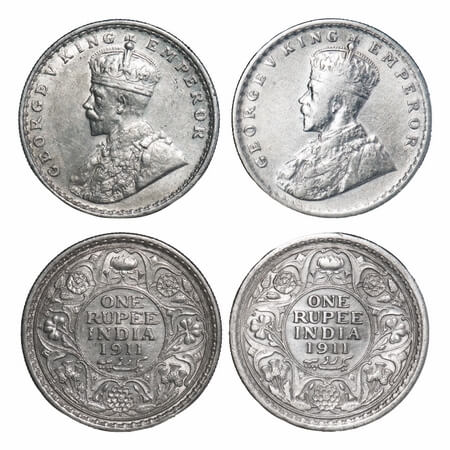 George V, Silver, Rupee, 1911 (2 coins), Pig-Type, 1) Calcutta Mint, No dot, 2) Bombay Min