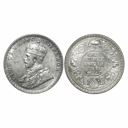 George V, Silver, Rupee, 1911, Bombay Mint, Dot, Pig-Type, Die crack on Rev, Raised initia