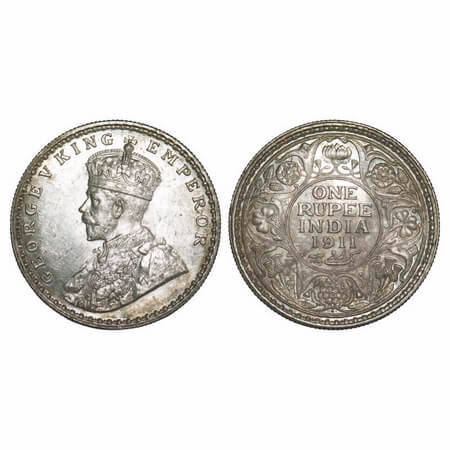 George V, Silver, Rupee, 1911, Bombay Mint, Dot, Pig-Type, Raised initials 'B M' Bertram M