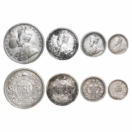 George V, Silver, Rupee, Half Rupee, 1/4 Rupee & 2 Annas, 1912 (4 coins), Calcutta Mint, N