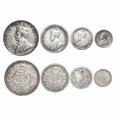 George V, Silver, Rupee, Half Rupee, 1/4 Rupee & 2 Annas, 1912 (4 coins), Bombay Mint, Dot