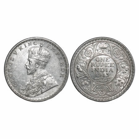 George V, Silver, Rupee, 1913, Calcutta Mint, No dot. F. Prid 209. GK 1027. About Uncircul