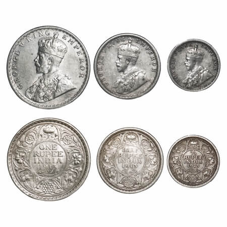 George V, Silver, Rupee, Half Rupee, 1/4 Rupee, 1913 (3 coins), 1) Calcutta Mint, No dot, 