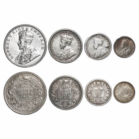 George V, Silver, Rupee, Half Rupee, 1/4 Rupee, 2 Annas, 1913 (4 coins), Bombay Mint, Dot.