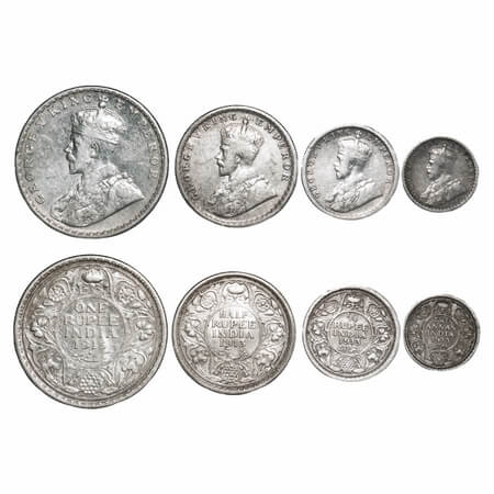 George V, Silver, Rupee, Half Rupee, 1/4 Rupee, 2 Annas, 1913 (4 coins), 1) Bombay Mint, D