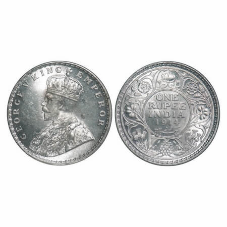 George V, Silver, Rupee, 1914, Calcutta Mint, No dot. F. Prid 210. GK 1029. Mint State. Ra