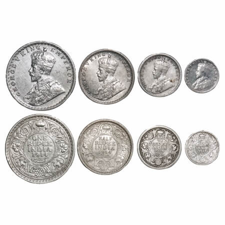 George V, Silver, Rupee, Half Rupee, 1/4 Rupee & 2 Annas, 1914 (4 coins), Calcutta Mint, N