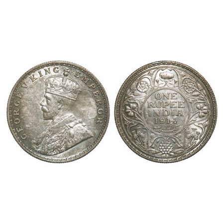 George V, Silver, Rupee, 1914, Bombay Mint, Dot. F. Prid 220. GK 1030. Almost Uncirculated