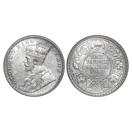 George V, Silver, Rupee, 1914, Bombay Mint, Dot. F. Prid 220. GK 1030. Brilliant Uncircula
