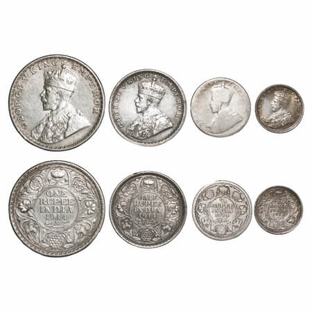 George V, Silver, Rupee, Half Rupee, 1/4 Rupee & 2 Annas, 1914 (4 coins), Bombay Mint, Dot