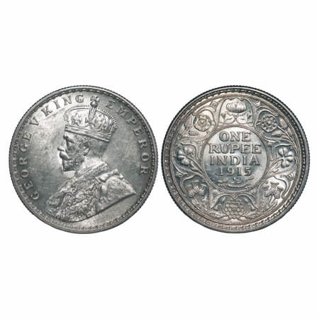 George V, Silver, Rupee, 1915, Calcutta Mint, No dot. F. Prid 211. GK 1031. Uncirculated. 