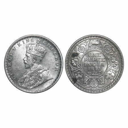 George V, Silver, Rupee, 1915, Calcutta Mint, No dot. F. Prid 211. GK 1031. Brilliant Unci