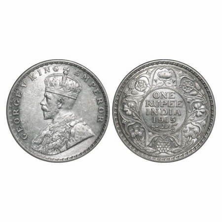 George V, Silver, Rupee, 1915, Calcutta Mint, No dot. F. Prid 211. GK 1031. About Uncircul