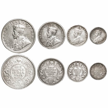 George V, Silver, Rupee, Half Rupee, 1/4 Rupee & 2 Annas, 1915 (4 coins), Calcutta Mint, N
