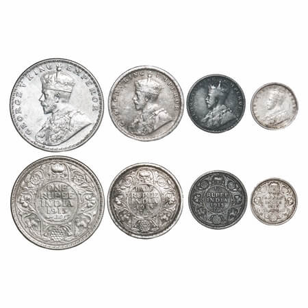 George V, Silver, Rupee, Half Rupee, 1/4 Rupee & 2 Annas, 1915 (4 coins), 1) Bombay Mint, 
