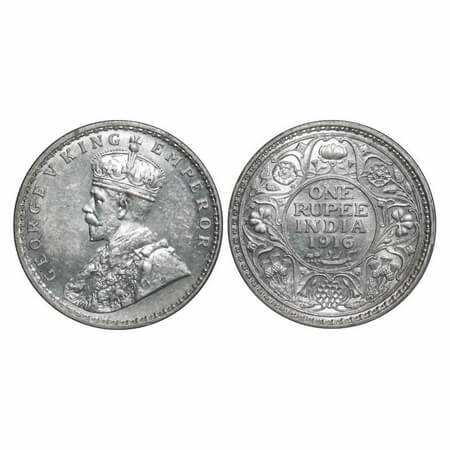 George V, Silver, Rupee, 1916, Calcutta Mint, No dot. F. Prid 212. GK 1033. Mint State. Ra