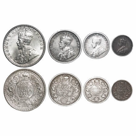 George V, Silver, Rupee, Half Rupee, 1/4 Rupee & 2 Annas, 1916 (4 coins), Calcutta Mint, N