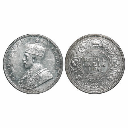 George V, Silver, Rupee, 1916, Bombay Mint, Dot, 'A' of India and numeral 6 of 1916 seen o