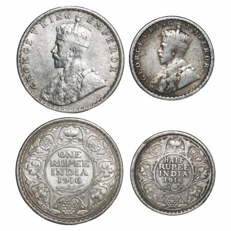 George V, Silver, Rupee, Half Rupee, 1916 (2 coins), Bombay Mint, Dot. F. Prid 222, 340. G