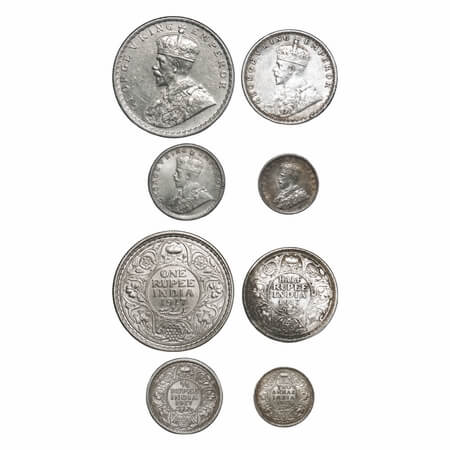 George V, Silver, 1917 (4 coins), 1) Rupee, Calcutta Mint, No dot, 2) Half Rupee, Bombay M