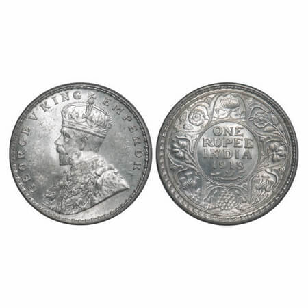 George V, Silver, Rupee, 1918, Calcutta Mint, No dot, Bottom curve of numeral 8 in year da