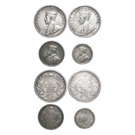 George V, SIlver, 1918 (4 coins), 1) Rupee, Calcutta Mint, No dot, 2) Rupee, Bombay Mint,