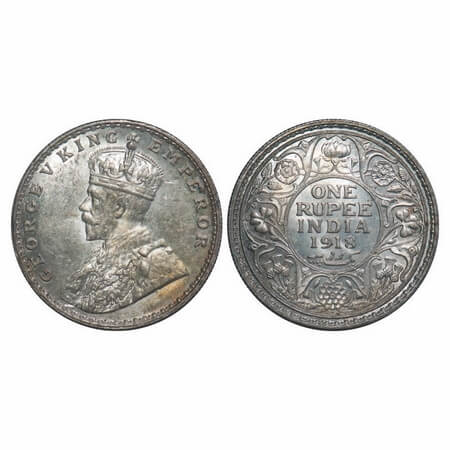 George V, Silver, Rupee, 1918, Bombay Mint, Dot. F. Prid 224. GK 1038. Mint State. Rare.
