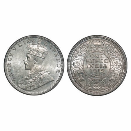 George V, Silver, Rupee, 1919, Calcutta Mint, No dot. F. Prid 215. GK 1039. Mint State wit