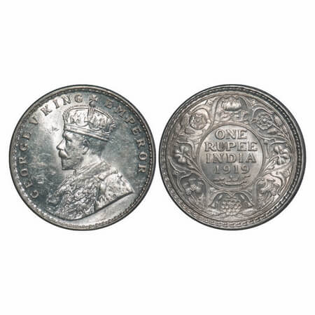 George V, Silver, Rupee, 1919, Calcutta Mint, No dot. F. Prid 215. GK 1039. Uncirculated.