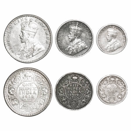 George V, Silver, 1919 (3 coins), 1) Rupee, Calcutta Mint, No dot, 2) Half Rupee, Bombay M