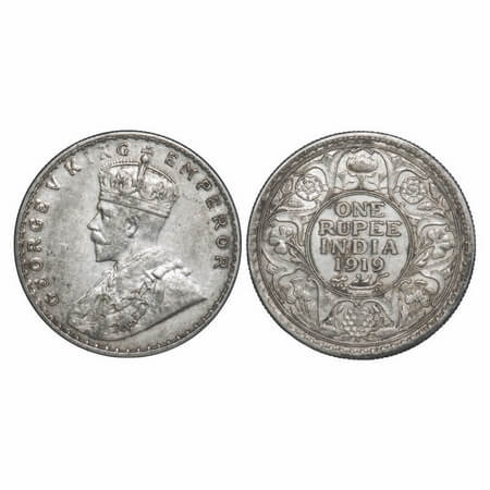 George V, Silver, Rupee, 1919, Bombay Mint, Dot, Crudish, Thin and Bloated lettering with 