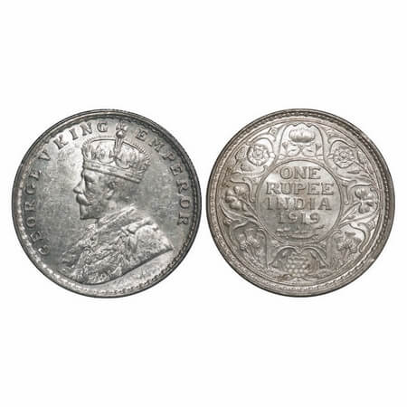 George V, Silver, Rupee, 1919, Bombay Mint, Dot, Ghost on Rev. F. Prid 225. GK 1040. Brill