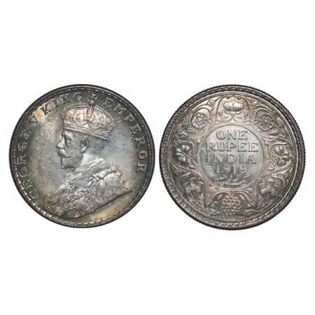 George V, Silver, Rupee, 1919, Bombay Mint, Dot. F. Prid 225. GK 1040. Brilliant Uncircula