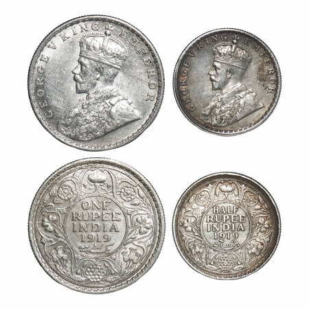 George V, Silver, Rupee & Half Rupee, 1919 (2 coins), Bombay Mint, Dot. F. Prid 225, 343. 