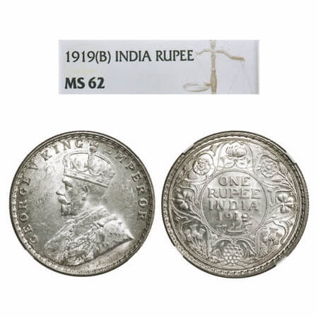 George V, Silver, Rupee, 1919, Bombay Mint, Dot. F. Prid 225. GK 1040. NGC Slabbed MS 62. 