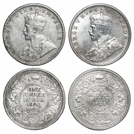 George V, Silver, Rupee, 1920 (2 coins), 1) Calcutta Mint, No dot, 2) Bombay Mint, Dot. F.