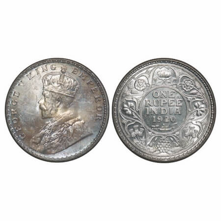 George V, Silver, Rupee, 1920, Calcutta Mint, No dot,Complete skull ghost on Rev. F. Prid 