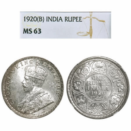 George V, Silver, Rupee, 1920, Bombay Mint, Dot. F. Prid 226. GK 1042. NGC Slabbed MS 63. 