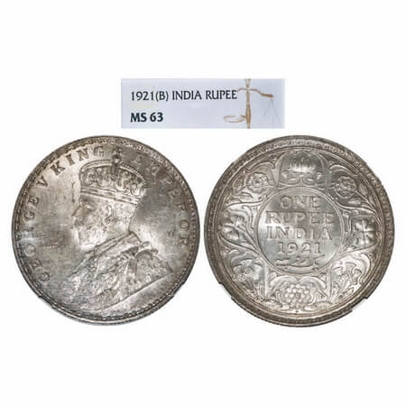 George V, Silver, Rupee, 1921, Bombay Mint, Dot. F. Prid 227. GK 1043. NGC Slabbed MS 63. 