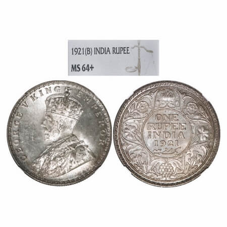 George V, Silver, Rupee, 1921, Bombay Mint, Dot. F. Prid 227. GK 1043. NGC Slabbed MS 64+.