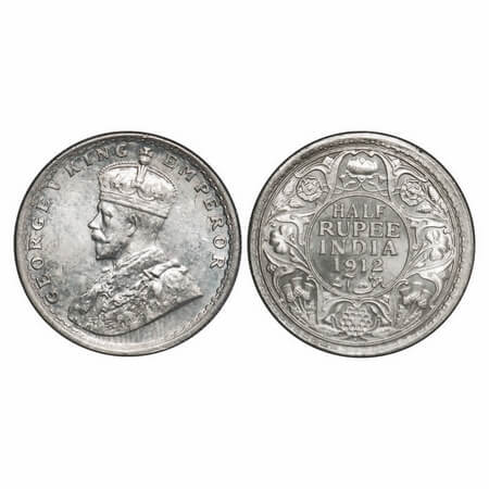 George V, Silver, Half Rupee, 1912, Bombay Mint, Dot, Re-Drawn Elephant. F. Prid 336. GK 1