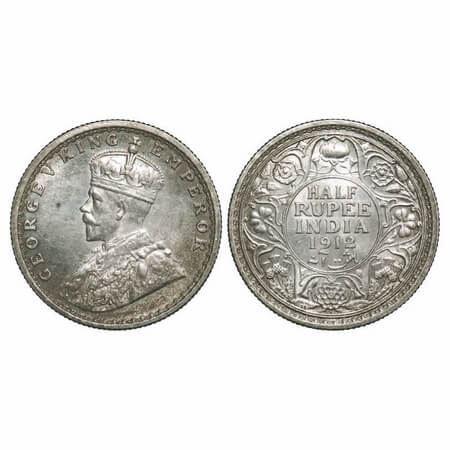 George V, Silver, Half Rupee, 1912, Bombay Mint, Dot, Re-Drawn Elephant. F. Prid 336. GK 1