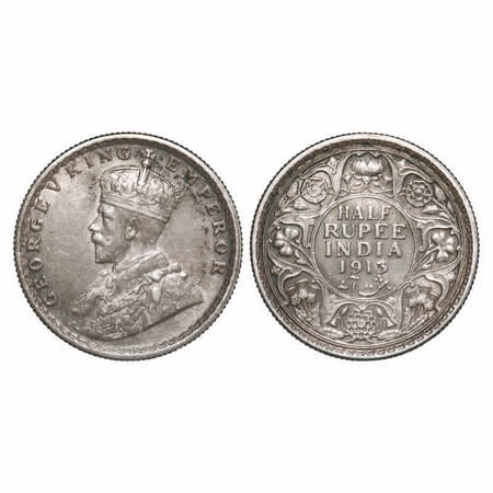 George V, Silver, Half Rupee, 1913, Calcutta Mint, No dot. F. Prid 320. GK 1048. Extremely
