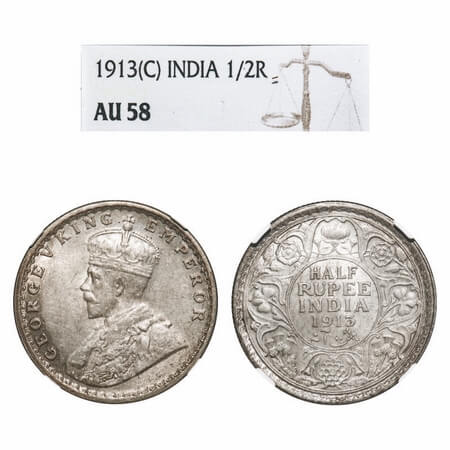 George V, Silver, Half Rupee, 1913, Calcutta Mint, No dot. F. Prid 320. GK 1048. NGC Slabb