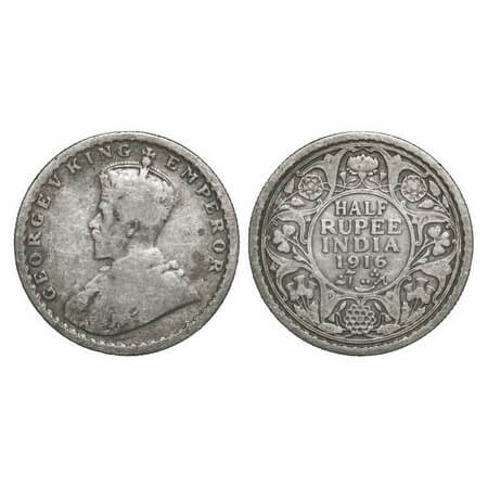 George V, Silver, Half Rupee, 1916, Calcutta Mint, No dot. F. Prid 323. GK 1053. Fine+. Sc