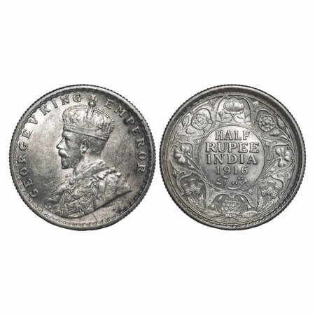 George V, Silver, Half Rupee, 1916, Calcutta Mint, No dot. F. Prid 323. GK 1053. About Unc